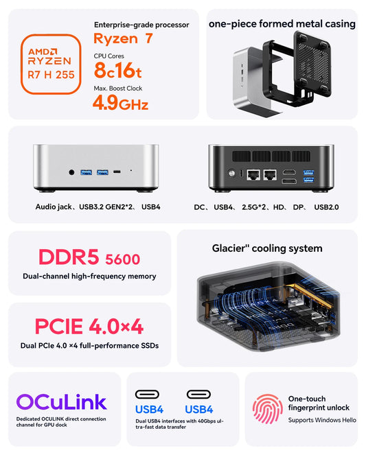 AOOSTAR MACO Mini PC AMD Ryzen 7 H255 Mini PC Windows 11 WiFi 6 USB4 Gaming PC DDR5 5600MHz Support 4 Display 4K/8K Computer