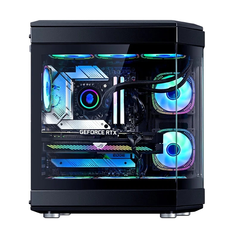 Dunao Newly Designed Fish Tank ATX PC Case Curved Tempered Glass Desktop Chassis Supports 360MM Water Cooling with Cool RGB Fans