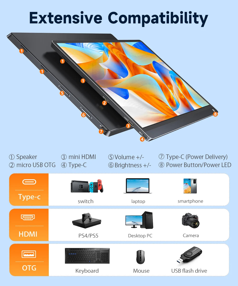 UPERFECT UTravel G16 120Hz Gaming Monitor With Touchscreen 10800mAh Battery USB C HDMI For Steam Deck XBOX PS5 Switch PC Display