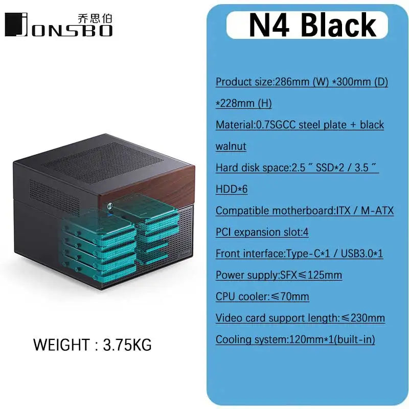 JONSBO N4 NAS Computer Case Walnut Trim M-ATX Motherboard SFX Support 6 Large + 2 Small HDD Bays 120mm Fan for PC Gaming