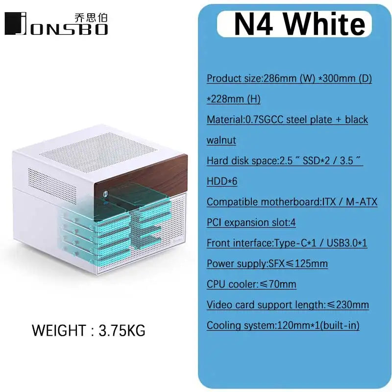 JONSBO N4 NAS Computer Case Walnut Trim M-ATX Motherboard SFX Support 6 Large + 2 Small HDD Bays 120mm Fan for PC Gaming