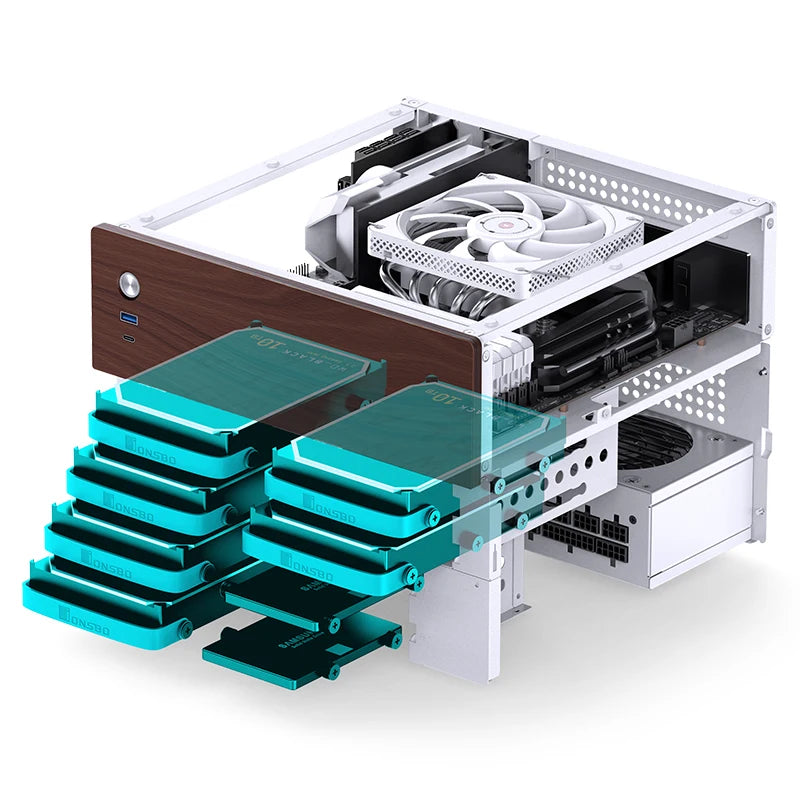 JONSBO N4 NAS Computer Case Walnut Trim M-ATX Motherboard SFX Support 6 Large + 2 Small HDD Bays 120mm Fan for PC Gaming