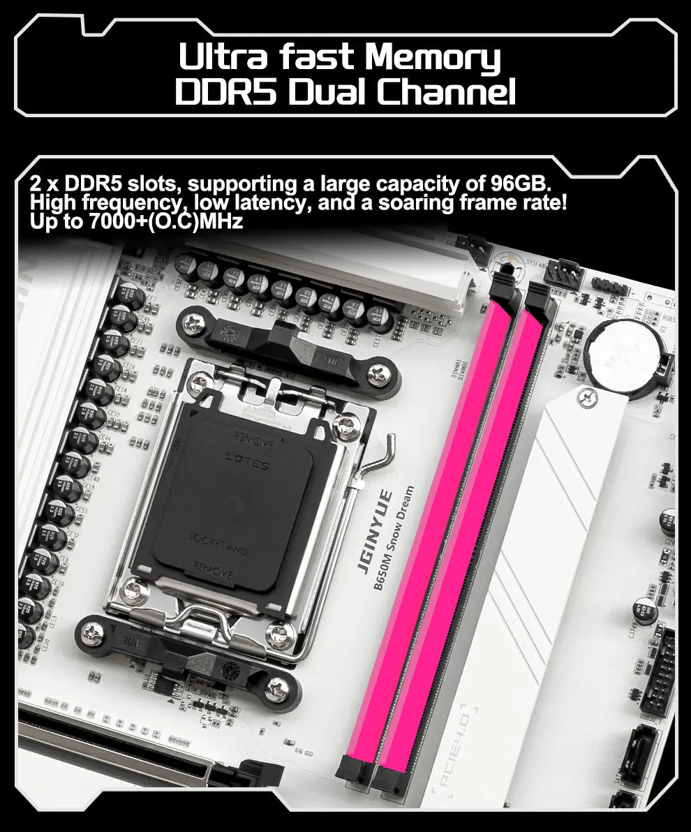 JGINYUE B650M Snow Dream AM5 DDR5 ARGB M-ATX Motherboard For Gaming PCIe 4.0×4 M.2 For CPU 9700X/9900X/7800X3D gaming pc DIY