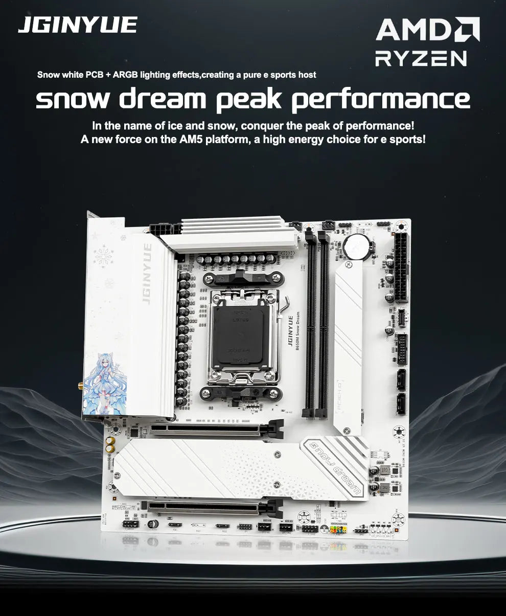 JGINYUE B650M Snow Dream AM5 DDR5 ARGB M-ATX Motherboard For Gaming PCIe 4.0×4 M.2 For CPU 9700X/9900X/7800X3D gaming pc DIY