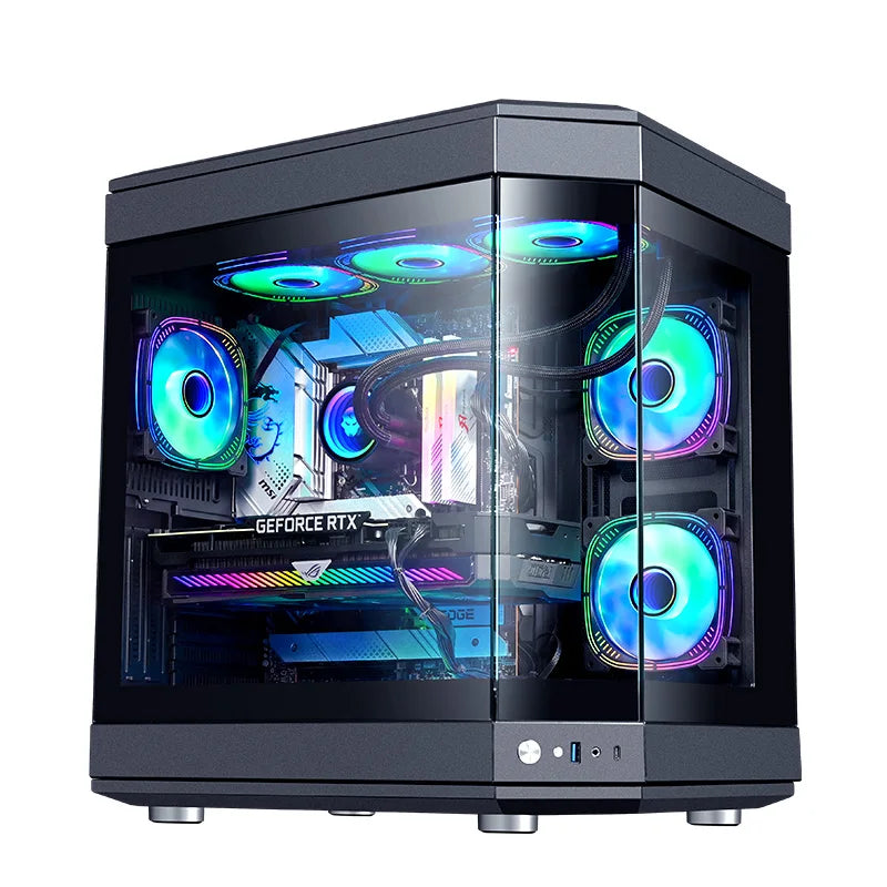 Dunao Newly Designed Fish Tank ATX PC Case Curved Tempered Glass Desktop Chassis Supports 360MM Water Cooling with Cool RGB Fans